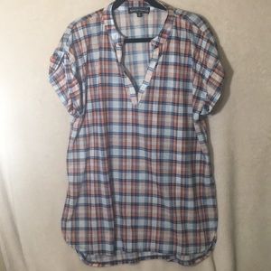 Almost famous orange & blue plaid blouse